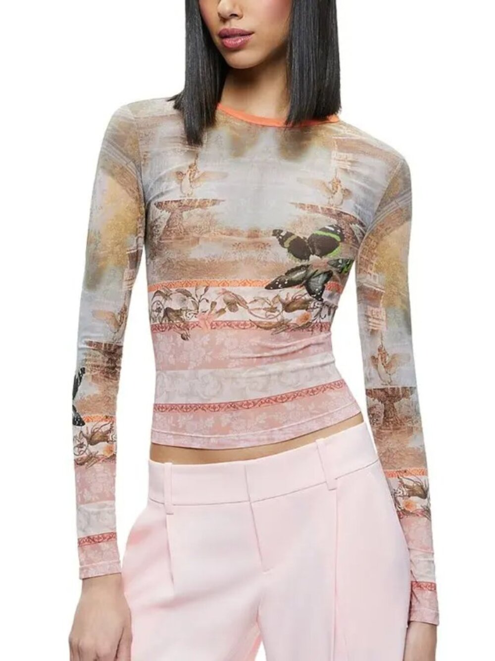 Alice + Olivia Sheer Long Sleeve Print Top with Orange Trim